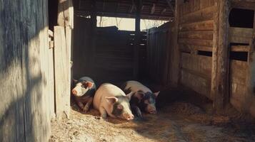 Three pigs resting in a barn on a sunny afternoon during early spring in a rural farming area photo