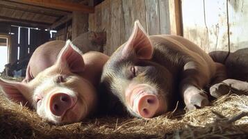 Pigs resting peacefully in a barn filled with straw during a sunny afternoon photo