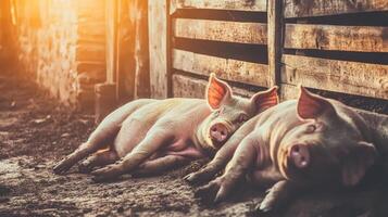 Two pigs relaxing in the warm sunlight beside a wooden fence on a farm during the late afternoon photo