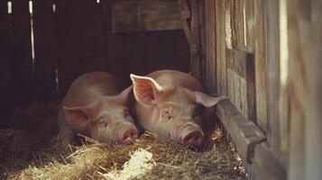 Two pigs resting in a cozy barn surrounded by straw during the afternoon sunlight in a rural setting photo