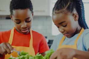 Kids learning to prepare fresh salad in a bright kitchen during a cooking activity photo
