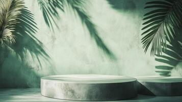 Concrete platforms surrounded by tropical palm shadows against a textured green wall in bright daylight photo