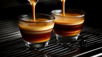 Rich espresso being poured into glass cups in an espresso machine during a busy morning shift at a cafe photo