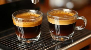 Crafting the perfect espresso shot with rich crema displayed in clear cups on an espresso machine photo