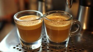 Two glasses of freshly brewed espresso in a coffee shop during afternoon photo