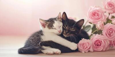 Kittens cuddle together beside fresh roses in a soft, pastel setting during springtime photo