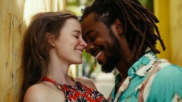 Happy couple sharing a joyful moment in a vibrant urban setting on a sunny day photo