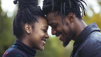 Couple sharing a joyful moment in nature during a sunny day in the park photo