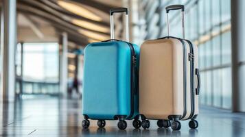 Traveling with luggage through a modern airport terminal during the day with natural light illuminating the space photo