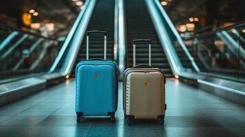 Luggage waiting at the airport near moving escalators during a busy travel day in the afternoon photo