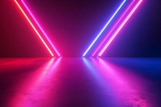 Vibrant abstract background featuring glowing ultraviolet laser rays creating a chaotic trajectory path in a dimly lit space photo