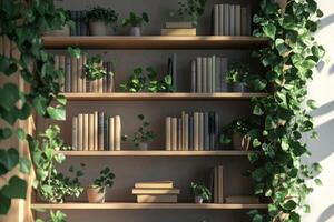 A modern bookshelf featuring plants as a decorative element for virtual office and studio backgrounds in contemporary design photo