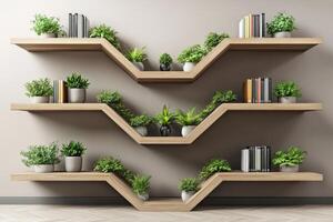Contemporary bookshelf design featuring plants for stylish virtual office and studio backgrounds photo
