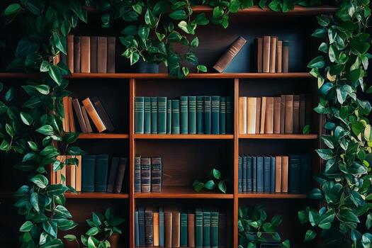 un contemporáneo estante para libros lleno con libros y adornado con lozano plantas para moderno virtual oficina antecedentes foto