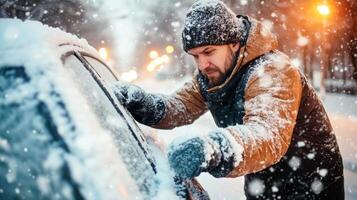 A man clears thick snow from his car on a winter morning in a quiet residential area while snow continues to fall photo
