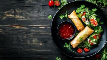 Modern black plate featuring spring rolls and sweet chili sauce on a rustic wooden table with an inviting atmosphere photo