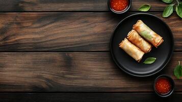 Stylish black plate with spring rolls and sweet chili sauce on a wooden table ready for a delightful dining experience photo