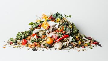 A colorful pile of organic waste including fruits, vegetables, and flowers on a clean white background illustrating waste management issues photo