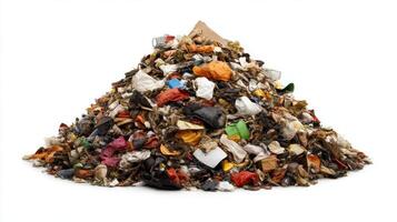 A large pile of assorted garbage consisting of paper, plastics, and other discarded materials on a white background photo