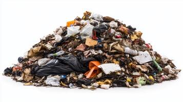 A large unsorted pile of garbage consisting of various waste materials on a plain white background photo