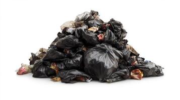 A large pile of black garbage bags stacked haphazardly on a clean white backdrop, highlighting urban waste disposal challenges photo