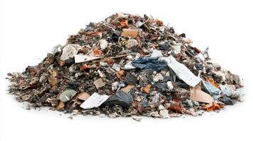 A large pile of assorted garbage and waste materials accumulated on a white background showcasing environmental pollution issues photo