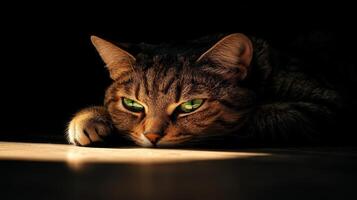 A sad striped cat with green eyes lying on the floor, gazing sideways in a dimly lit room on a quiet afternoon photo