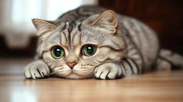 A sad striped cat with green eyes lies on the floor, gazing sideways in a close-up image that captures its longing expression photo
