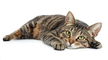 A sad striped cat with green eyes lies on the floor gazing sideways in a close-up shot with ample copy space photo