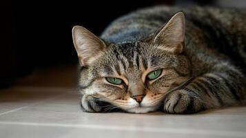 A sad striped cat with green eyes lies on the floor, gazing sideways in a quiet indoor setting, capturing a moment of solitude and reflection photo