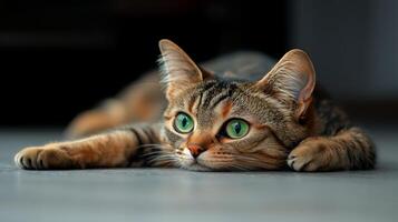 A sad striped cat with bright green eyes lies on the floor, gazing sideways in a calm indoor setting photo