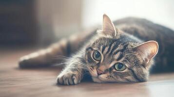 A sad striped cat with green eyes lies on the floor gazing sideways in a quiet room during the afternoon light photo