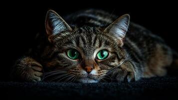 A sad striped cat with green eyes lies quietly on the floor, gazing sideways in close-up during evening light photo