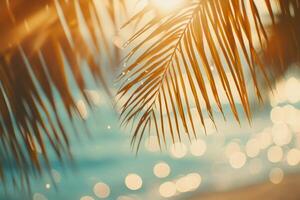 A serene summer day with sunlight filtering through palm leaves, creating a shimmering tropical atmosphere along the blue sea photo