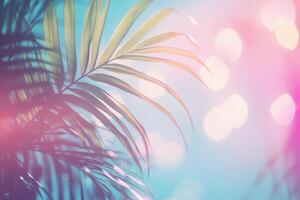 Abstract summer background featuring tropical palm leaves, sun rays, and a vibrant blue sky ideal for vacation inspiration photo