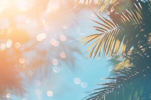 A vibrant tropical summer background with sparkling sunlight reflecting off palm leaves and blue sky photo