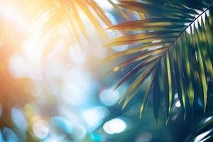 Relaxing summer vibes with sunlit palm leaves and sparkling sea under a blue sky, perfect for vacation dreams photo