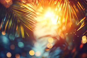 Beautiful tropical summer background with sun rays shining through palm leaves and a sparkling sea under a blue sky photo