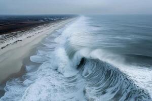 Aerial view of powerful waves crashing along the serene shoreline of the Hamptons under a cloudy sky photo
