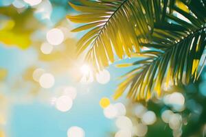 Bright summer rays illuminate tropical palm leaves against a blue sky, creating a tranquil vacation atmosphere with sparkling reflections photo