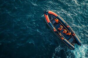 Aerial view of a maintenance boat with workers in life jackets near an offshore wind turbine platform photo