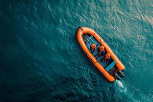 Aerial view of a maintenance platform with workers in safety gear and a boat transporting personnel and tools in offshore waters photo