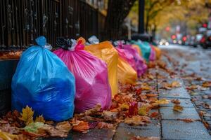 Brightly colored trash bags line a tree-lined street during autumn, surrounded by vibrant fallen leaves and a bustling city backdrop photo