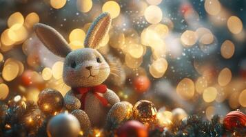 A festive plush bunny sits cheerfully among ornaments and a glowing Christmas tree during the holiday season photo