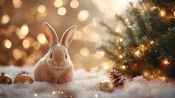 A fluffy bunny resting peacefully among festive decorations by a sparkling Christmas tree in a cozy winter setting photo