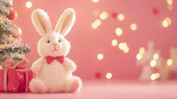 A cute plush bunny sits beside a decorated Christmas tree with twinkling lights and gifts, creating a festive holiday atmosphere photo