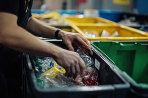 Hands sorting recyclables into labeled bins during a community recycling event focused on promoting the circular economy initiatives photo