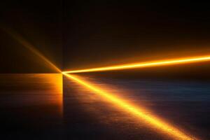 A vibrant close-up of a light beam cutting through darkness on a sleek black surface highlighting reflections and luminous effects photo