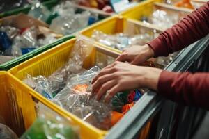 Hands sorting various recyclables into clearly labeled bins in a community recycling center during daylight hours photo