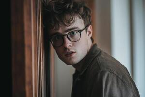 Young man with glasses knocking on a wooden door in a well-lit indoor setting during the day, showcasing curiosity and anticipation photo